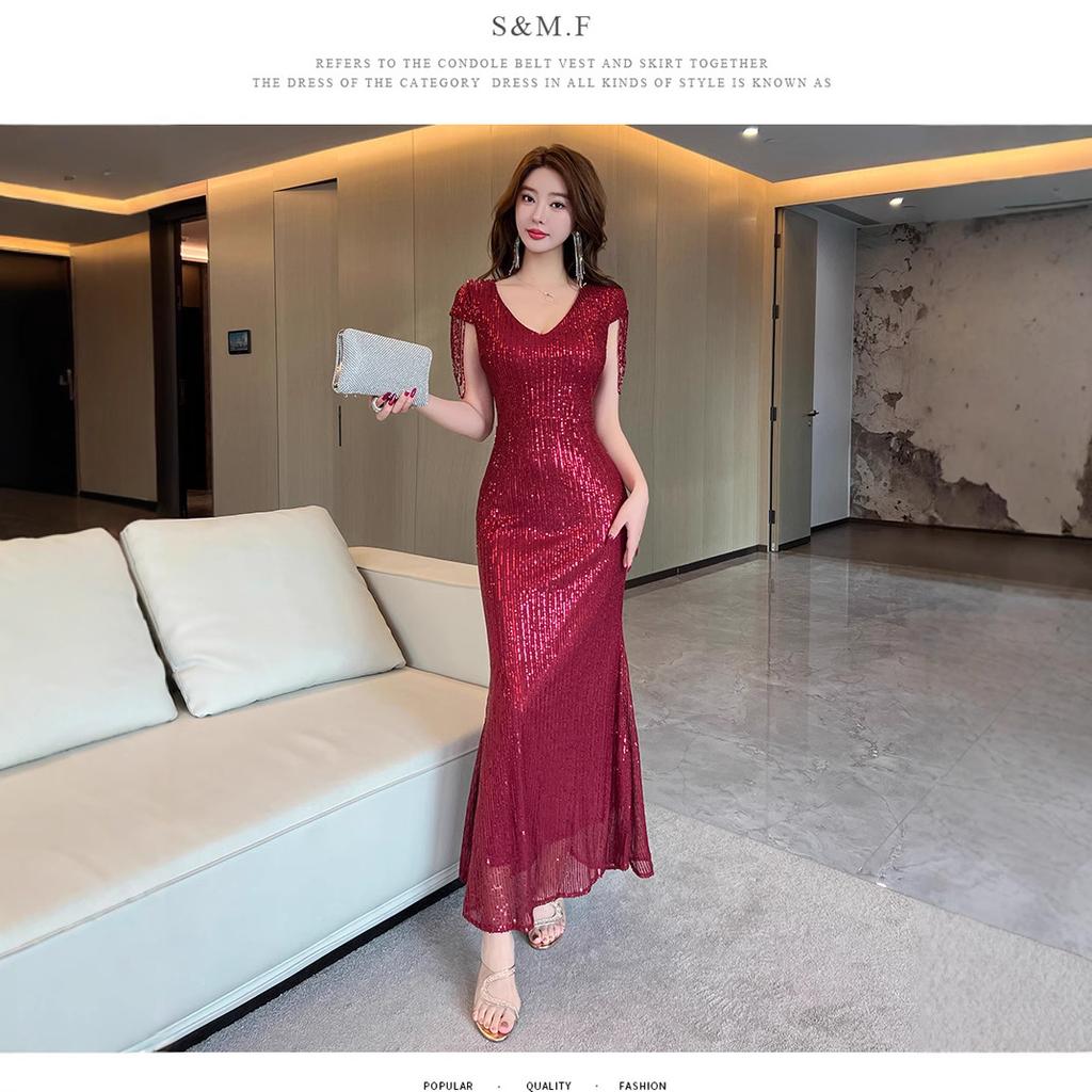 High-end temperament high-end banquet host bright lotus leaf fish tail dress fashion celebrity style evening dress women