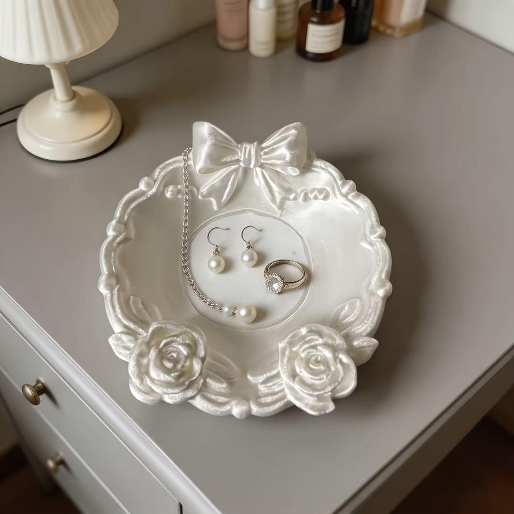 1PC Pearl White Bow Rose Tray, Retro Relief French Light Luxury Jewelry Storage Tray