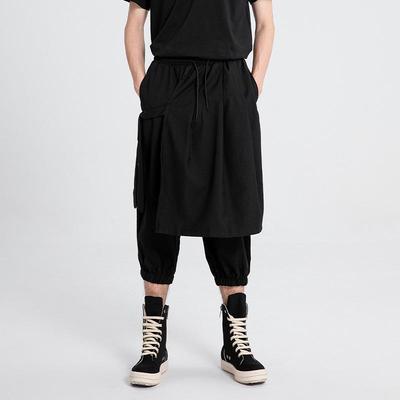 X072 Japanese-Style Wide-Leg Joggers: Fake Two-Piece, Cropped Dark Fashion Pants