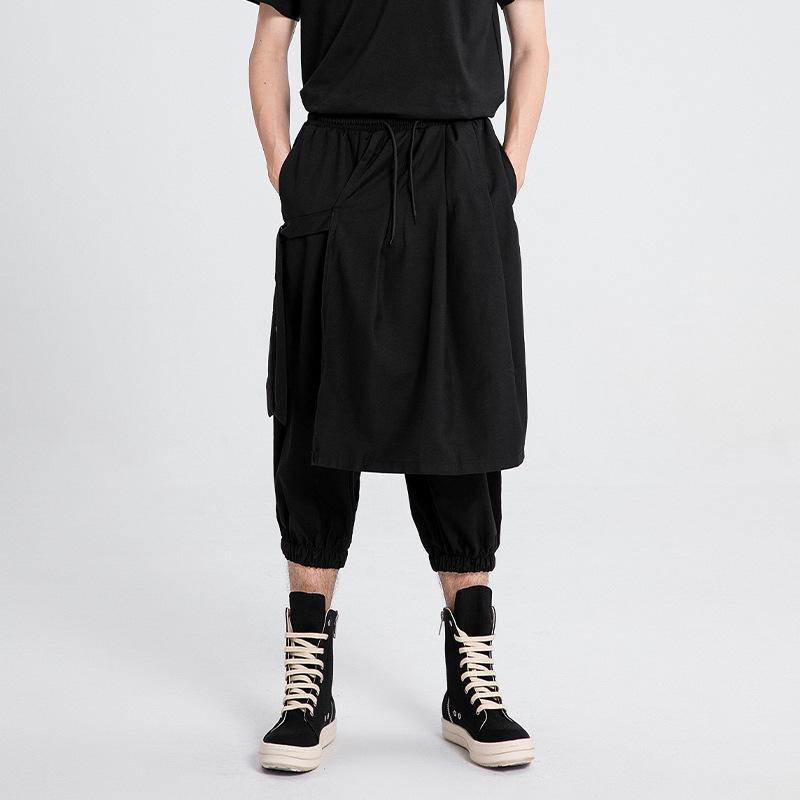 X072 Japanese-Style Wide-Leg Joggers: Fake Two-Piece, Cropped Dark Fashion Pants