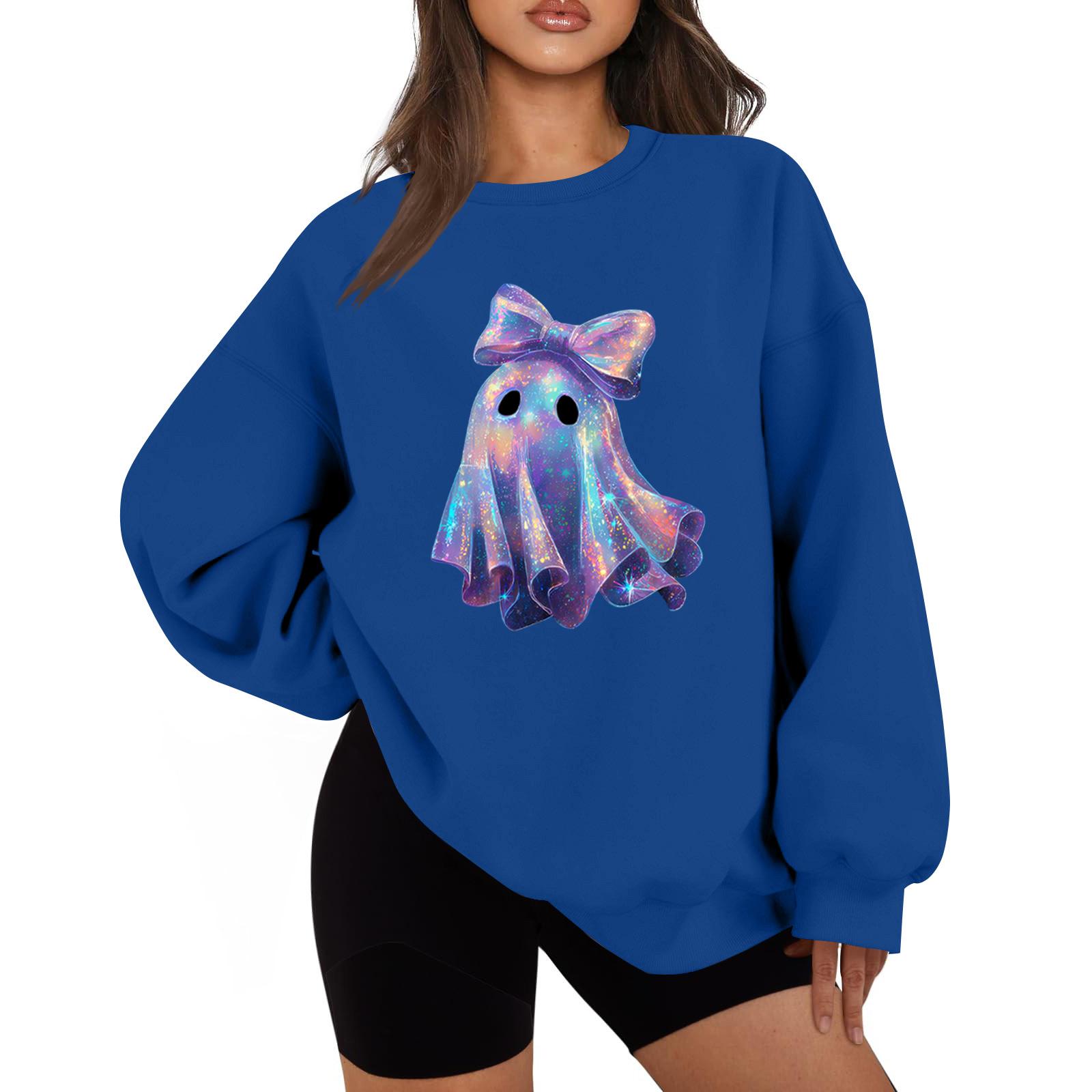 

Женская мода повседневная блузка с длинным рукавом и принтом на Хэллоуин с круглым вырезом XL синий