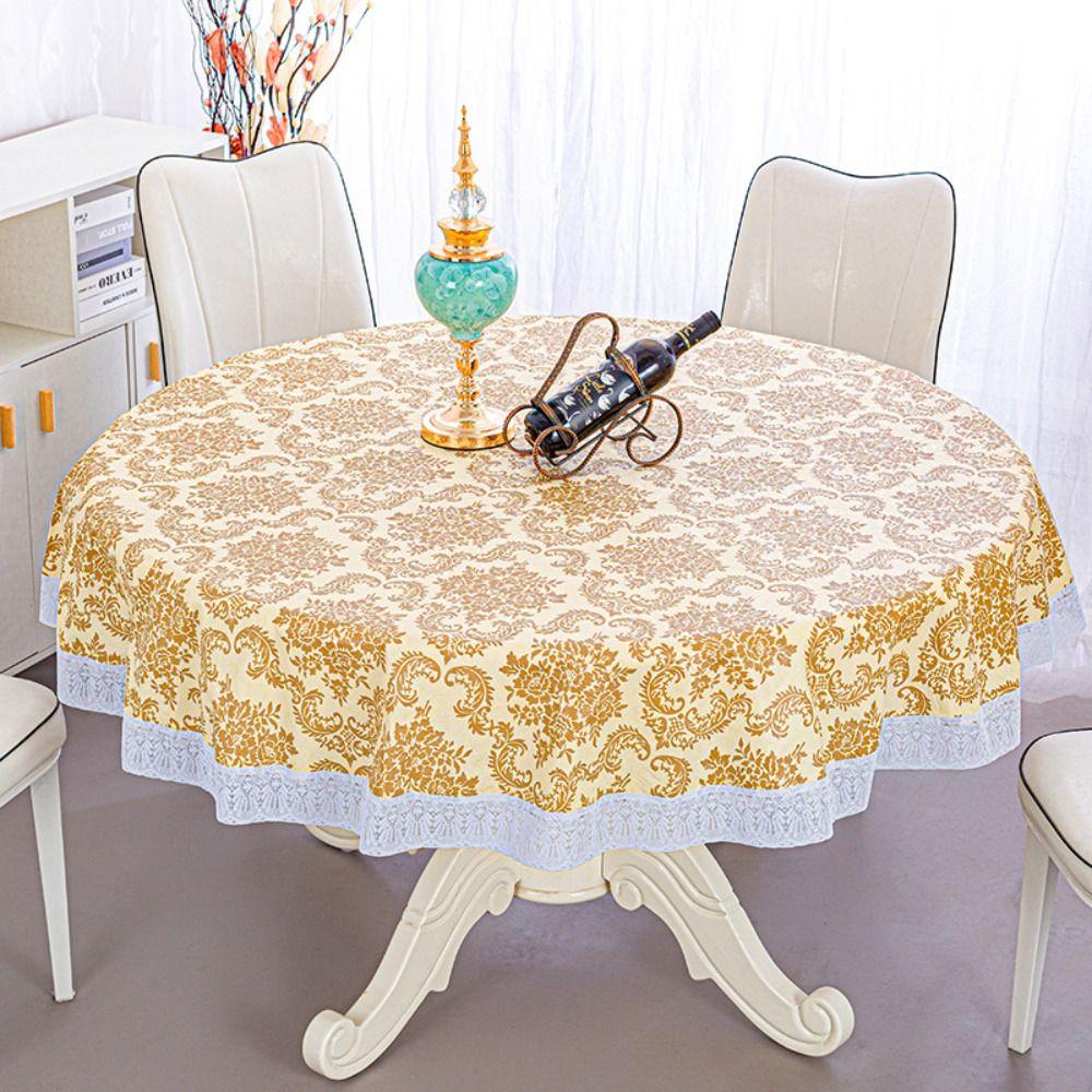 Pastoral Style PVC Tablecloth Lace Hem Printed Design Waterproof Tablecloth Flower Pattern Oil Resistant Round Table Cover