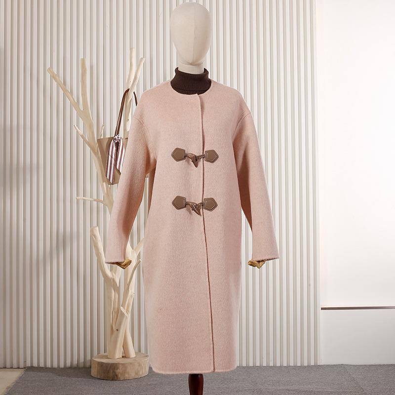 New Double-sided Cashmere Coat with Croissant Buckle Round Neck Medium and Long Woolen Coat Wool Coat Autumn and Winter