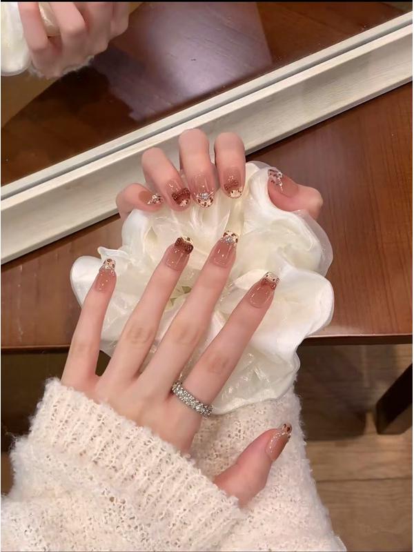 Autumn/Winter Sweet Cool French Leopard Zircon Bow Handmade Luxury Wearable Nails