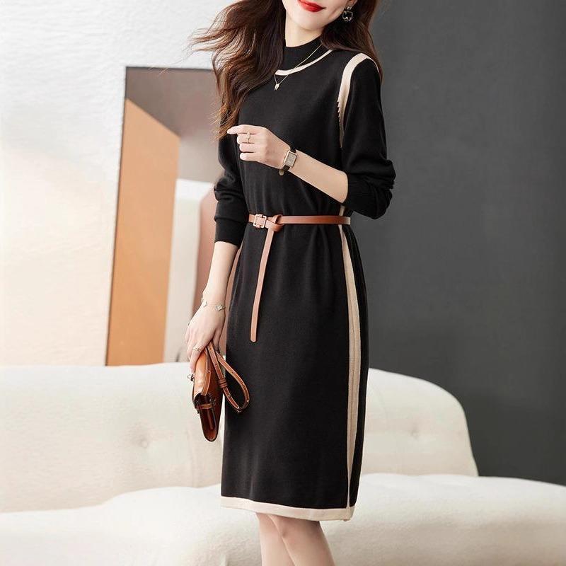 With coat knitted dress women's autumn and winter new temperament elegant semi-turtleneck medium and long base with sweater skirt
