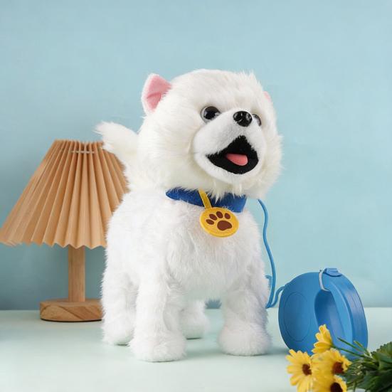 Elektryczna Pluszowa Zabawka Pies z Smyczą Liżący Język Chodzący Szczeniak Pluszak z Czujnikiem Dotykowym