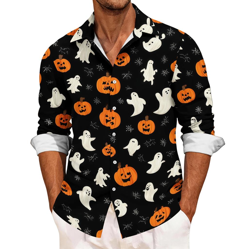 Men's Casual Long Sleeve Button Down Shirt Halloween Print Patchwork Design Lightweight Breathable Fabric Relaxed Fit