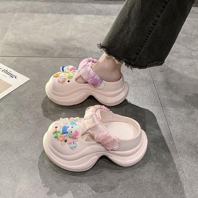 Cartoon Cute Hello Kitty Hole Shoes Women 2025 Summer Wear Thick Soles Increase Height Non-slip Lightweight Two Wear Slippers Women