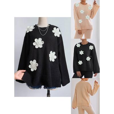 Bordado 3D Parche de Flores con Cuentas Patchwork Otoño Invierno Holgado Casual Color Sólido Manga Larga Top Suéter Cuello Redondo