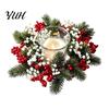 Winter Wedding Table Accents Christmas Candle Ring Wreath, Artificial Pine Wreath with Red Berries Greenery Decor White Flowers, Holiday Centerpiece