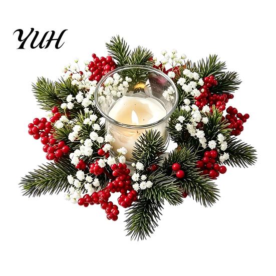 Winter Wedding Table Accents Christmas Candle Ring Wreath, Artificial Pine Wreath with Red Berries Greenery Decor White Flowers, Holiday Centerpiece