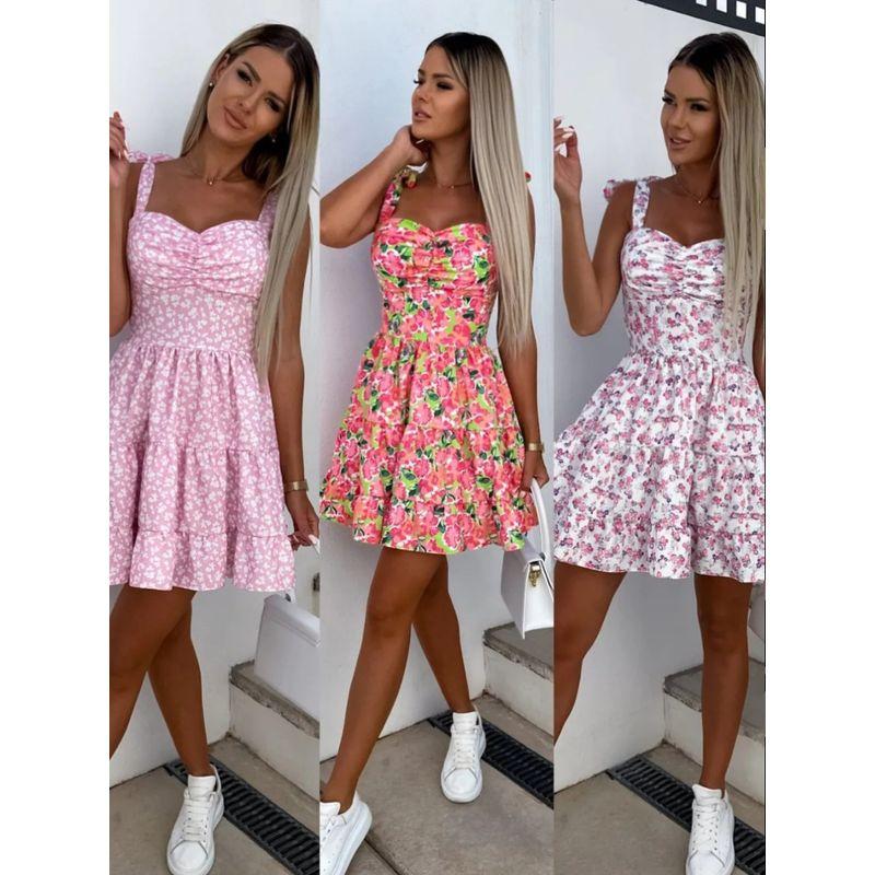 Sweet Fashion Style Summer Floral Print off-Shoulder Slim Fit Tied Spaghetti Straps Sleeveless Dress Short Skirt Dress