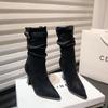 Korean Fashion Pleated Mid-tube Skinny Heel Pile Boots Women's 2024 Fall Belt Buckle Suede Pointed Heel Ankle Boots