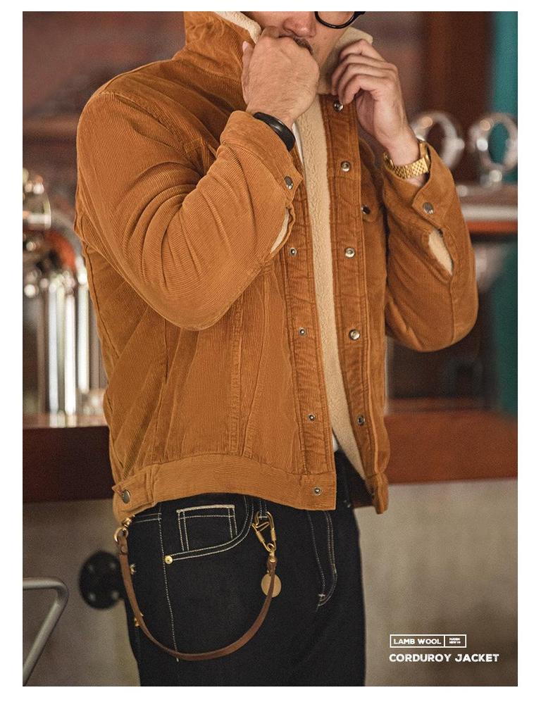 Madden Retro Cord-Reversjacke mit Futter aus Lammwoll-Imitat – Herrenmantel aus dicker Baumwolle für Herbst und Winter