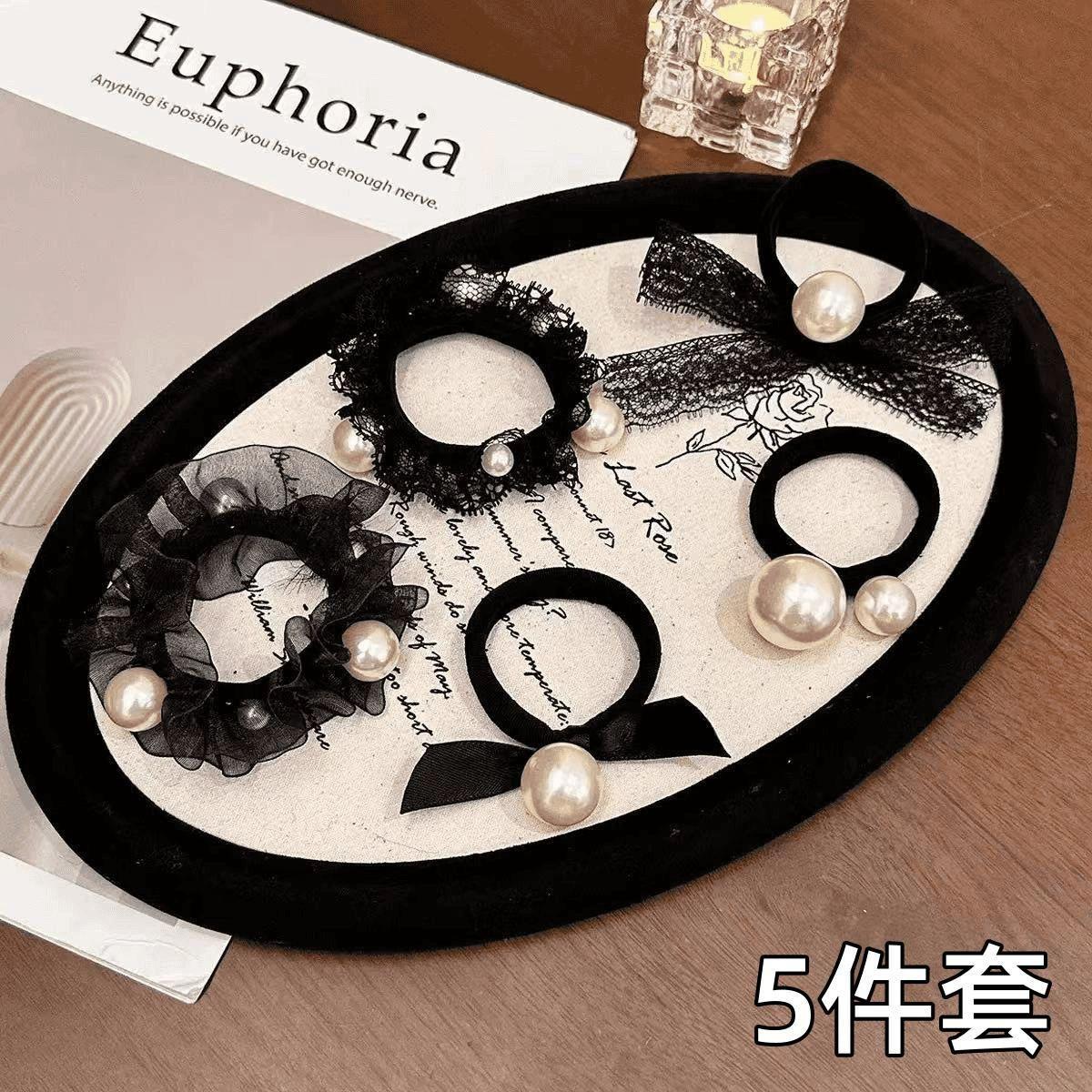 Кружевная Кружевная Жемчужная Повязка на Голову Черная Резинка Веревка для Завязывания Волос Женская Взрослая Высокоэластичная Резинка для Волос Шарообразная Головная Повязка Аксессуары для Волос