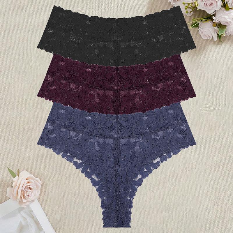 3Pcs/Set Women's High Waist Panties Ladies Sexy Lace Hollow Out Thong Breathable Transparent G-strings Solid Color Soft Lingerie