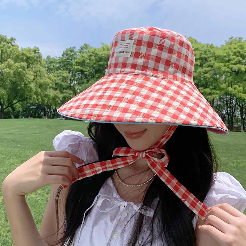 Plaid Lace-up Fisherman's Hat Children's Summer Versatile Wear Basin Hat On Both Sides Outdoor Outing Big Brim Sun Hat