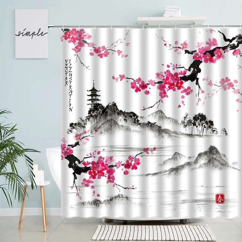 Chinese Ink Landscape Shower Curtain Japanese Cherry Blossom Watercolor Mountain Natural Scenery Waterproof Cloth Bathroom Decor