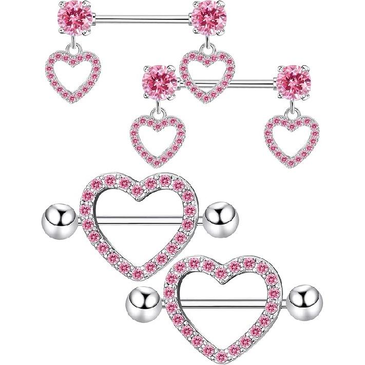 Staligue 2 Pairs Titanium Nipple Rings for Women 14G Nipple Piercing Heart CZ Barbell Body Nipple Piercing Jewelry