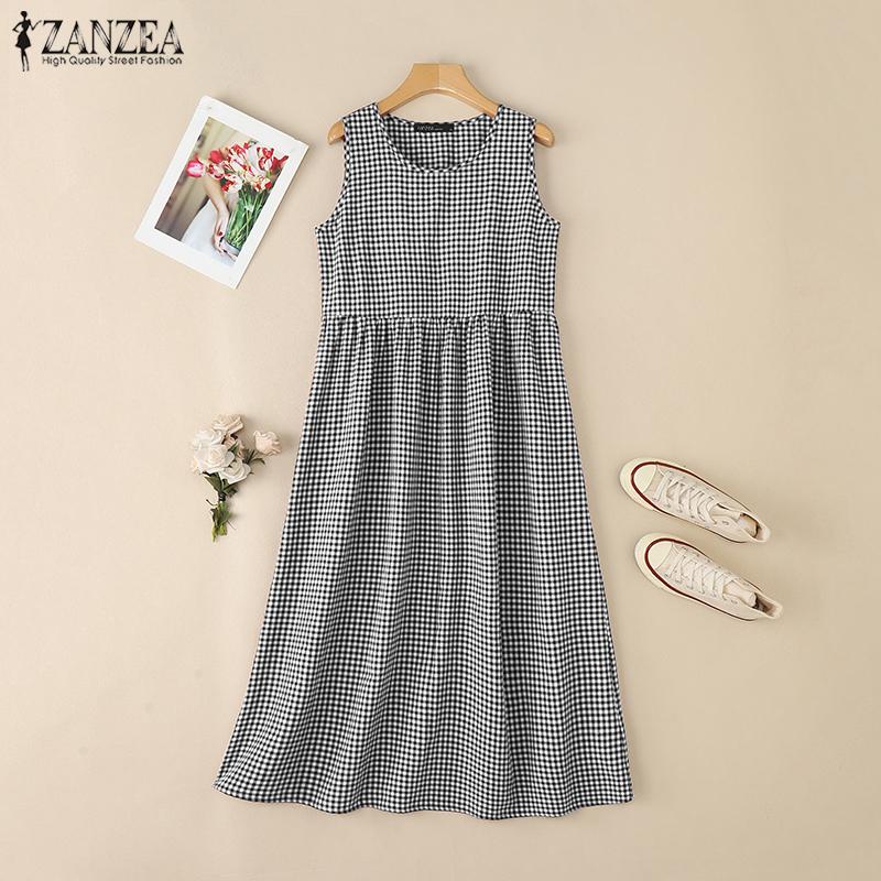 ZANZEA Rochie de vară casual pentru femei, cu gât rotund, fără mâneci, cu imprimeu carouri