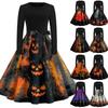 Women's Casual Fashion Halloween Print Round Neck Vintage Style Dress Long Sleeve Fit and Flare Midi Dress with Waist Tie for Seasonal Wear