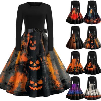 Women's Halloween Print Round Neck Dress, Vintage Casual Swing Dress for Party