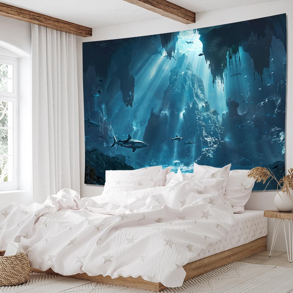 Underwater Fantasy Shark Canvas Wall Art Polyester Fiber Ocean Scene Decoration Living Room Bedroom Office Decorative Tapestry