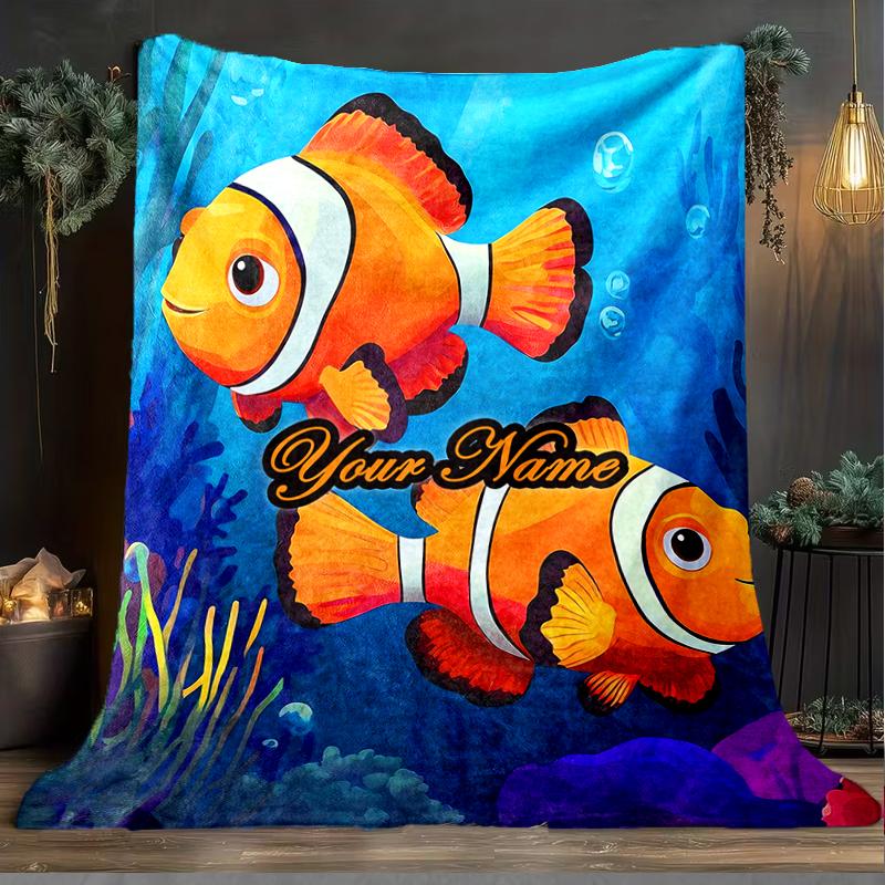 1PC Custom Name Clownfish Underwater Adventure outdooor Flannel blankets Patterns Throw Blanket All-Season Soft Gift for Couch, Bed, Camping gifts