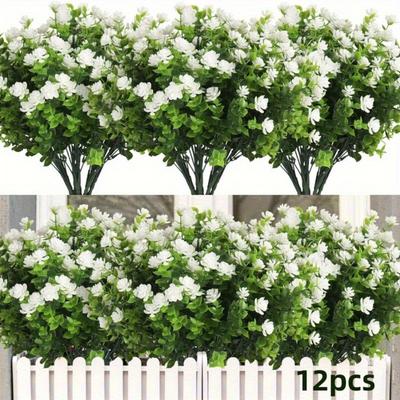12 Bundles White Artificial Flowers - for Indoor/Outdoor Decor, Home Garden Fireplace Decoration, Lush Greenery Decor, Artificial Outdoor Flowers
