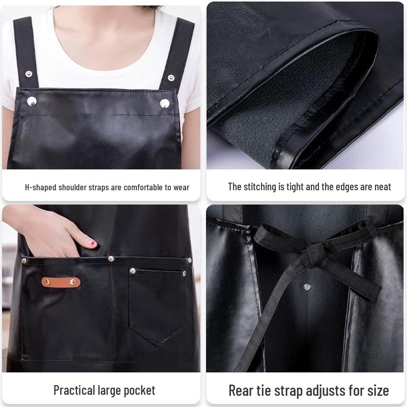 PU Soft Leather Waterproof Kitchen Apron, Oil-Proof, Wash-Free, Unisex Strap Waistband for Cooking and Catering.