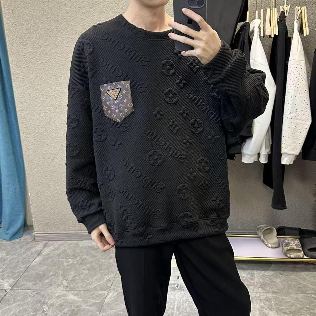 Felpa Jacquard da Uomo alla Moda con Fodera in Pile, Autunno/Inverno, Girocollo con Tasca a Lettera per Coppie