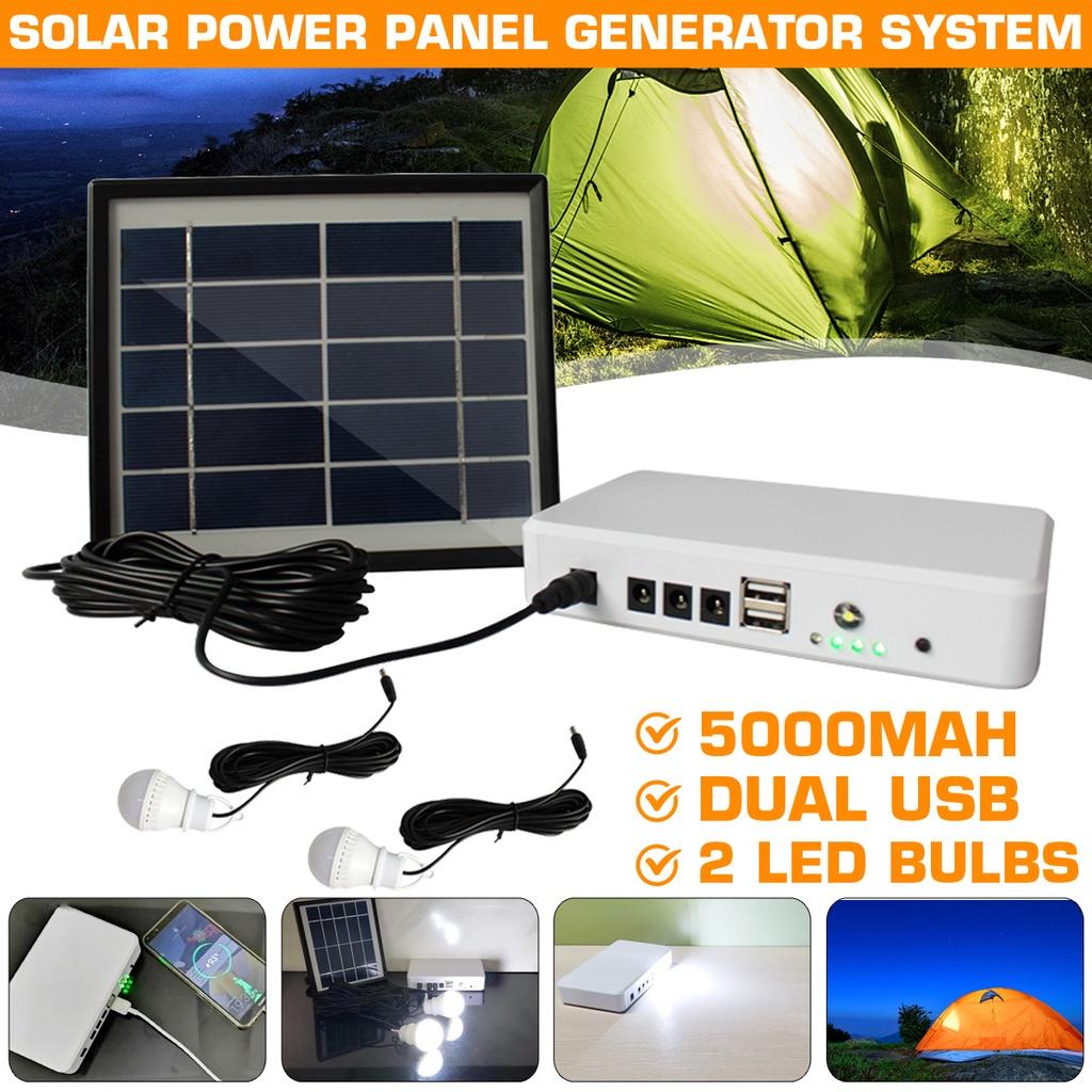 5W Solar Panel Generator Lighting Kit Set 5v USB Solar Charger with 2 LED Light Bulb Emergency Light +1.5A Output Phone Charger