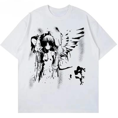 Harajuku Goth Women Japanese Anime Tshirt Cartoon Angel Wings Graphic Men T-Shirt Hipster Clothing Cotton Y2K Top Streetwear Tee