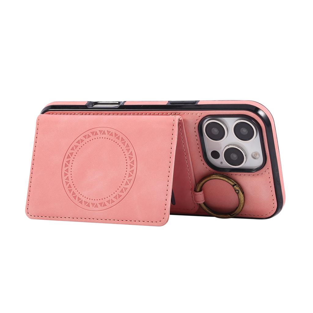 For iPhone 16 Pro Max Case Card Holder Kickstand Leather + TPU Phone Cover with Ring Holder