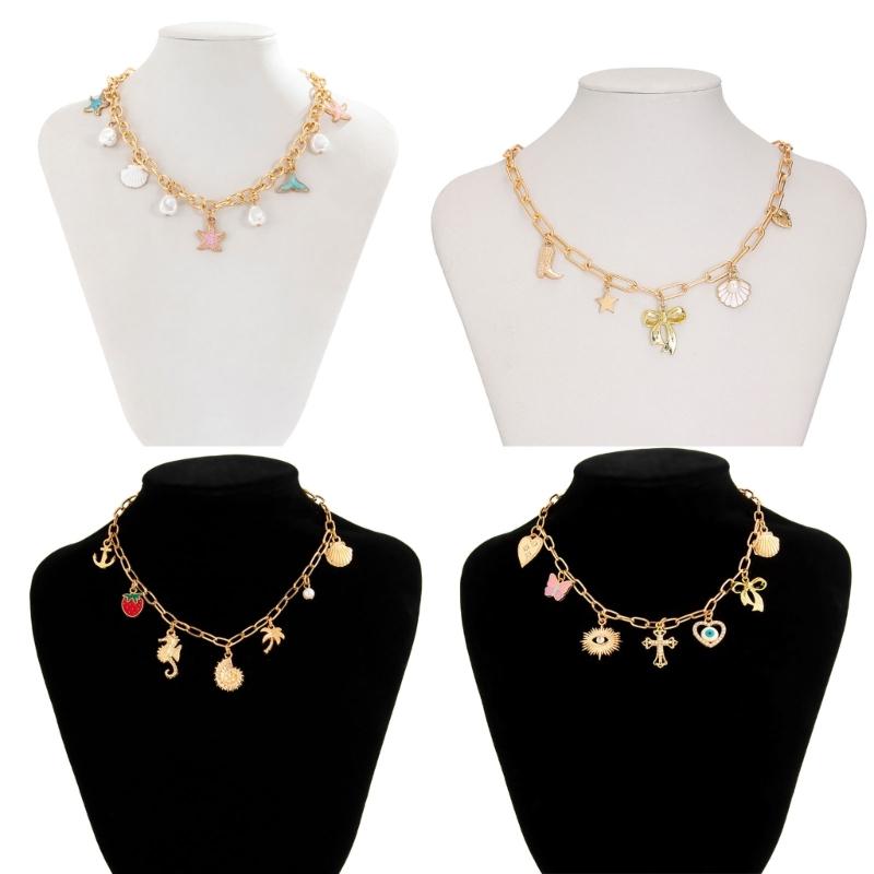 Stylish Gold Crosses Necklace for Women with Seashells Charm Decoration for Beach and Summer Fashion Statement Pieces
