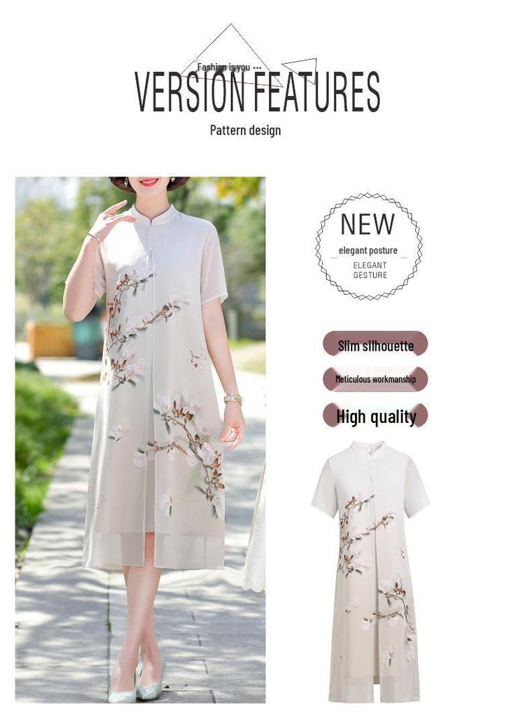 Chinesischer Stil Chiffon Qipao Kleid: Sommer-Zweiteiler-Look für Frauen mittleren Alters & ältere Frauen
