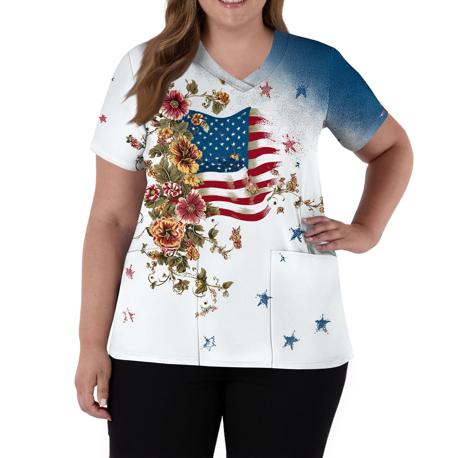 

Nursing Scrub Tops for Women 250th Anniversary Usa Nurse Tops V Neck Short Sleeve American Flag Scrub Top Scrubs for Woman Sets S