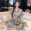 French Style Fashion Pajamas for Women, Short-Sleeve and Long Pants, Summer Thin Leopard Print Ice Silk Homewear Summer Set