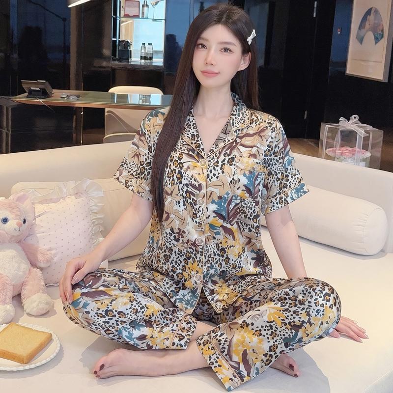 French Style Fashion Pajamas for Women, Short-Sleeve and Long Pants, Summer Thin Leopard Print Ice Silk Homewear Summer Set