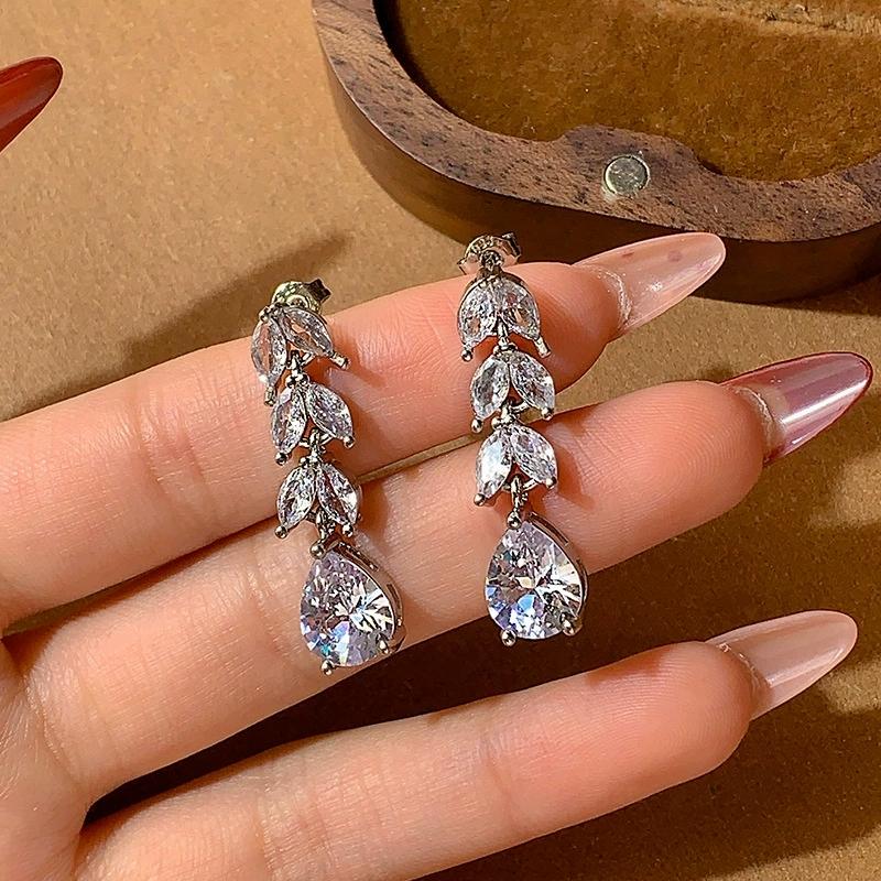 Fashion Leaf AAA Cubic Zirconia Wedding Bridal  Sterling Silver Dangle Earrings for Women Shiny Zircon Luxury Party