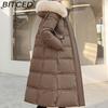 BITCED Winter Down-Filled Cotton Coat for Women - Long Style, Knee-Length, Oversized Fur Collar, Slim-Fit, Belted Design, Cotton