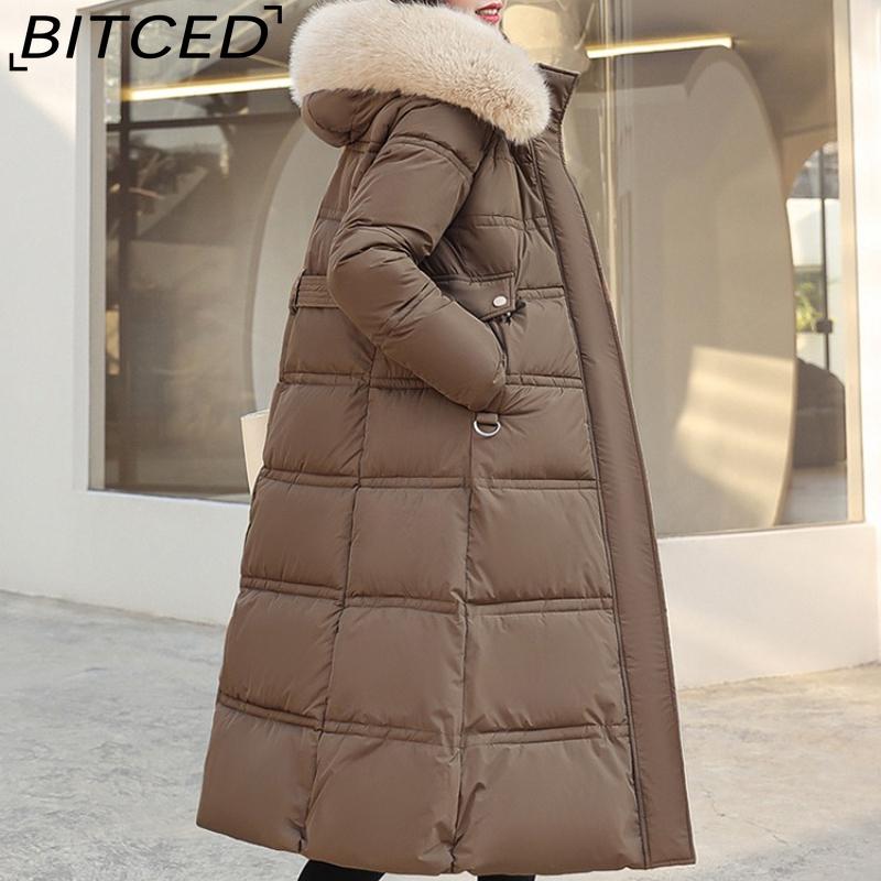 BITCED Winter Down-Filled Cotton Coat for Women - Long Style, Knee-Length, Oversized Fur Collar, Slim-Fit, Belted Design, Cotton