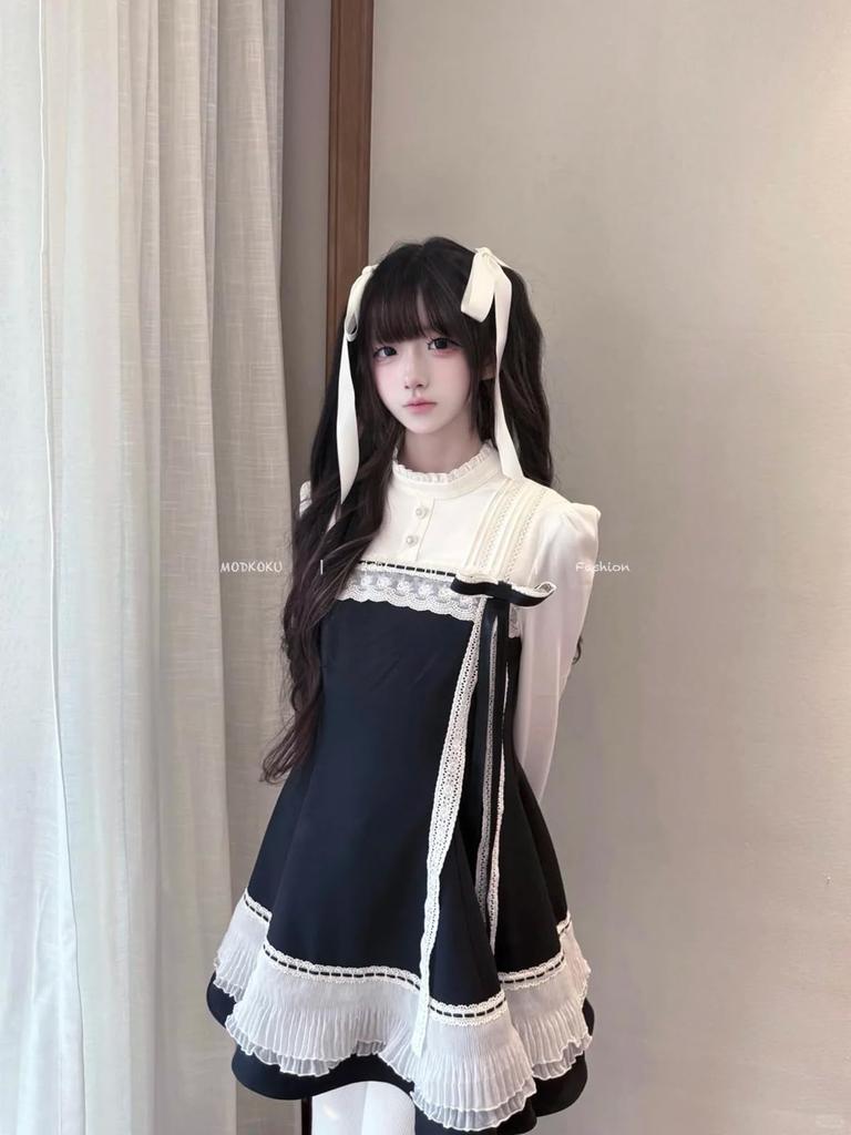 MODKOKU Gotické vrstvené šaty Lolita z umělé kůže s mašlí v pase a úhledným a mini roztomilým francouzským dívčím Halloween aristokratickým dámským dlouhým šatem XL, Dámské