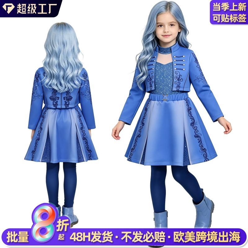 Descendants dark wonderland blue princess chloe cosplay costume halloween girl blue princess dress