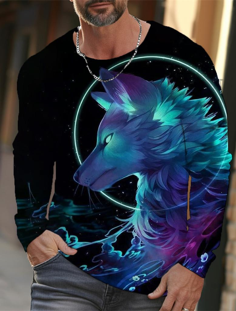Maglietta a maniche lunghe da uomo con grafica The Wolf, per abbigliamento casual da uomo, maglietta alla moda, stampa 3D completa di animali, streetwear