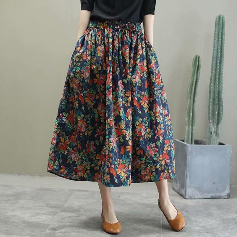 Falda Floral de Algodón y Lino Estilo Étnico de Verano para Mujer Talla Grande Vestido de Madre Falda Larga Coreana