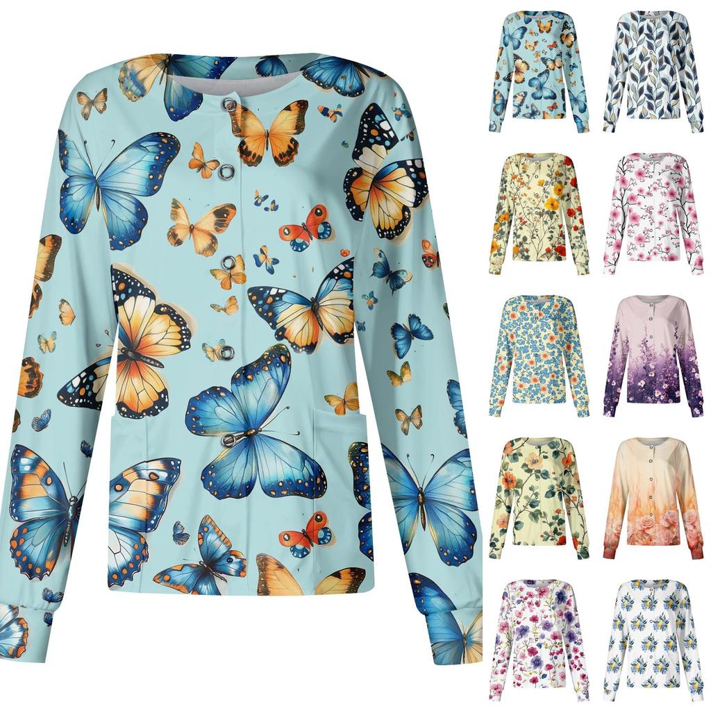 Women Long Sleeve Casual Cardigan Floral Print Button Front Lightweight Open Front Workwear Top