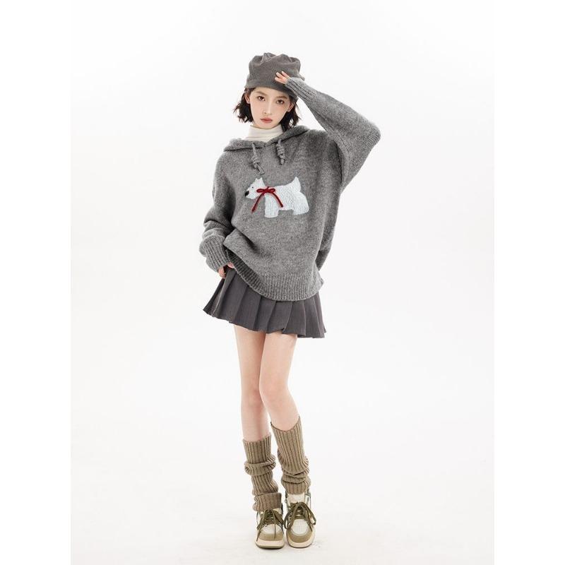 Grey Puppy Pullover Hooded Knitwear Women's Autumn New Thickened Retro Lazy Style Loose Sweater