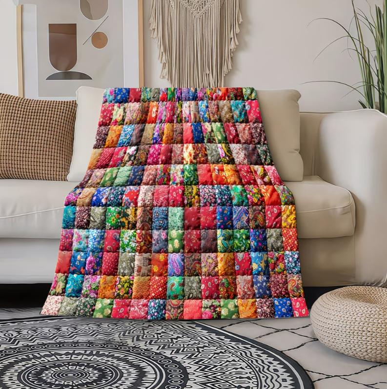 1 Stück Bequeme Flanell Exquisite Vintage Bunte Patchwork 2D Bedruckte Decke Heimdeko Hochauflösende Digitale Überwurfdecke