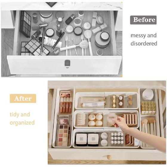 2PCS Expandable Storage Drawer Organizers Sliding Bin Plastic Desk Drawer Trays with Removable Dividers Adjustable Makeup Storage Bins for Bedroom,